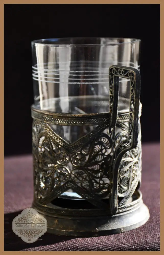 Съветски посребрен филигранен подстаканник с оригинална чаша - antique