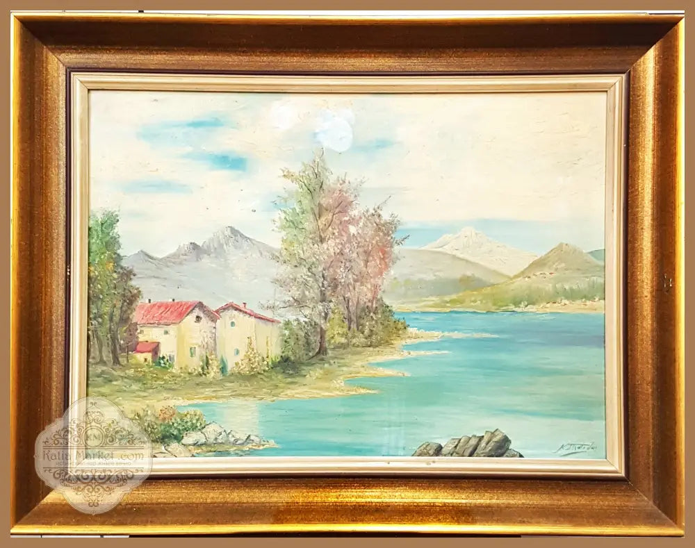 Селски пейзаж с езеро и планини, масло от неизвестен автор - Картина