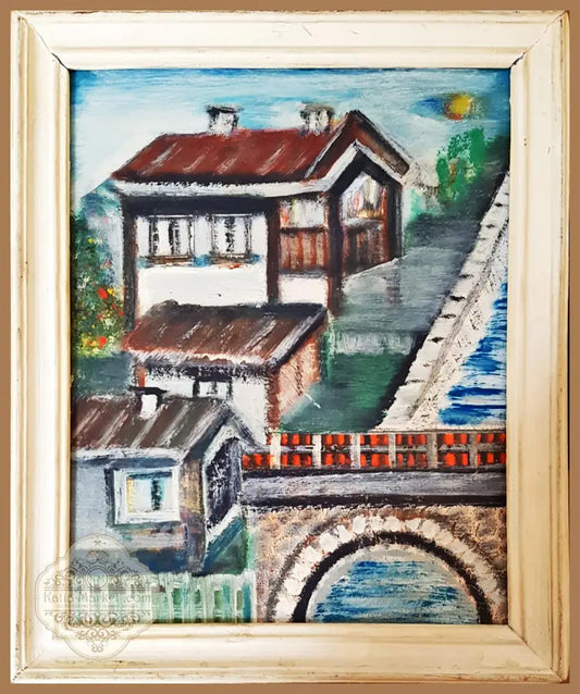 Селски пейзаж с мост- масло- 1990 година - Стефан Кадиев - Картина