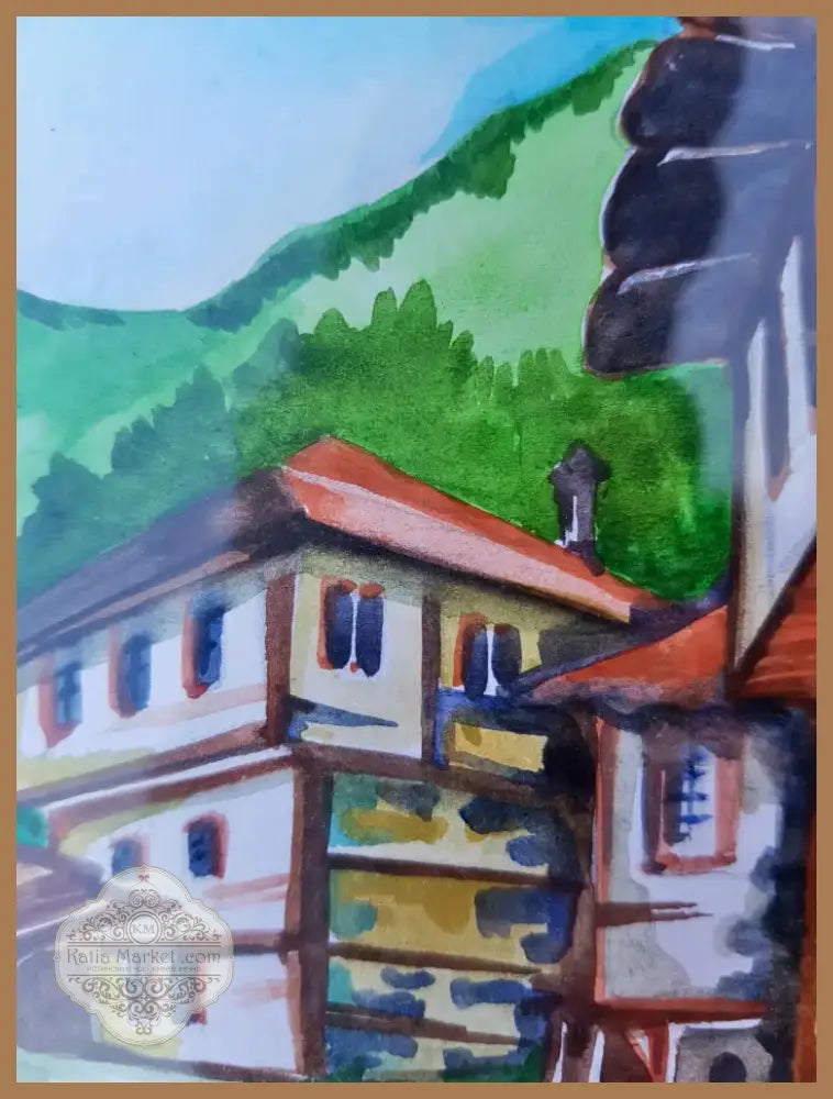Стари къщи оранжево паспарту - Картина