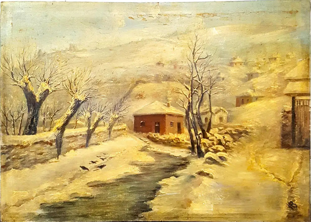 Зимен пейзаж с къща и птици, масло от неизвестен автор (1076) - Картина