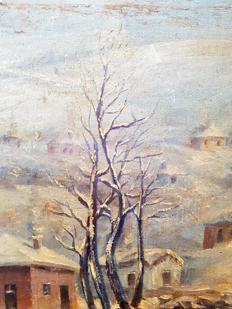 Зимен пейзаж с къща и птици, масло от неизвестен автор (1076) - Картина