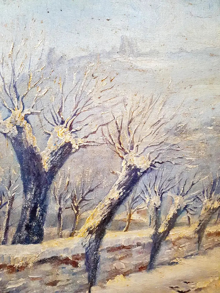Зимен пейзаж с къща и птици, масло от неизвестен автор (1076) - Картина