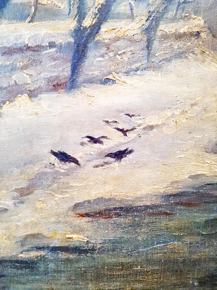 Зимен пейзаж с къща и птици, масло от неизвестен автор (1076) - Картина