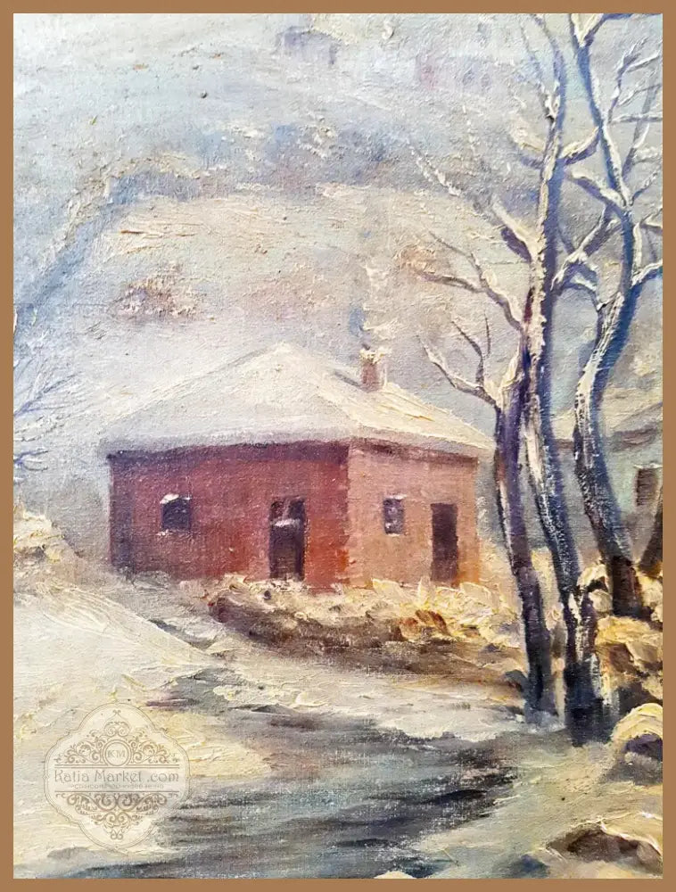 Зимен пейзаж с къща и птици, масло от неизвестен автор (1076) - Картина