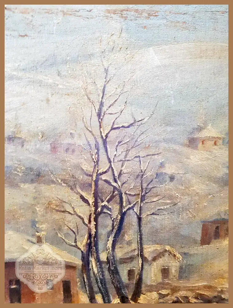Зимен пейзаж с къща и птици, масло от неизвестен автор (1076) - Картина
