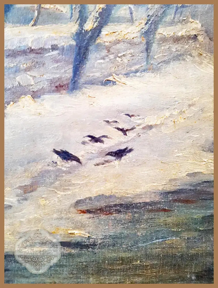 Зимен пейзаж с къща и птици, масло от неизвестен автор (1076) - Картина