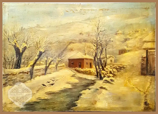 Зимен пейзаж с къща и птици, масло от неизвестен автор (1076) - Картина