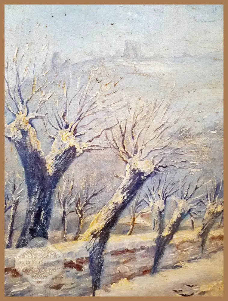 Зимен пейзаж с къща и птици, масло от неизвестен автор (1076) - Картина